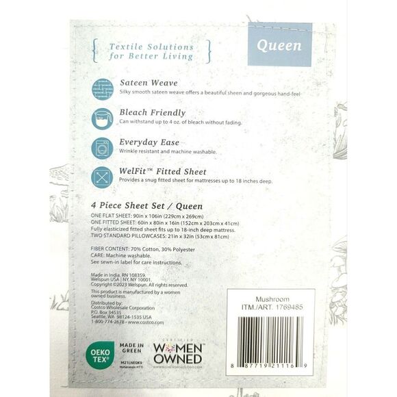 Welhome Cotton Rich Sateen 320TC Classic Mushroom 4pc Sheet Set - Picture 8 of 11